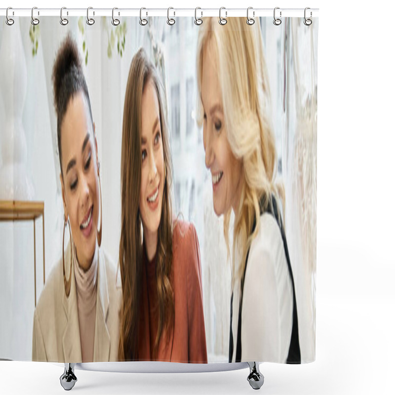 Personality  A Group Of Women, Including A Young Bride, Standing Closely United, Shopping For Her Wedding With Her Best Friend And Mom Shower Curtains