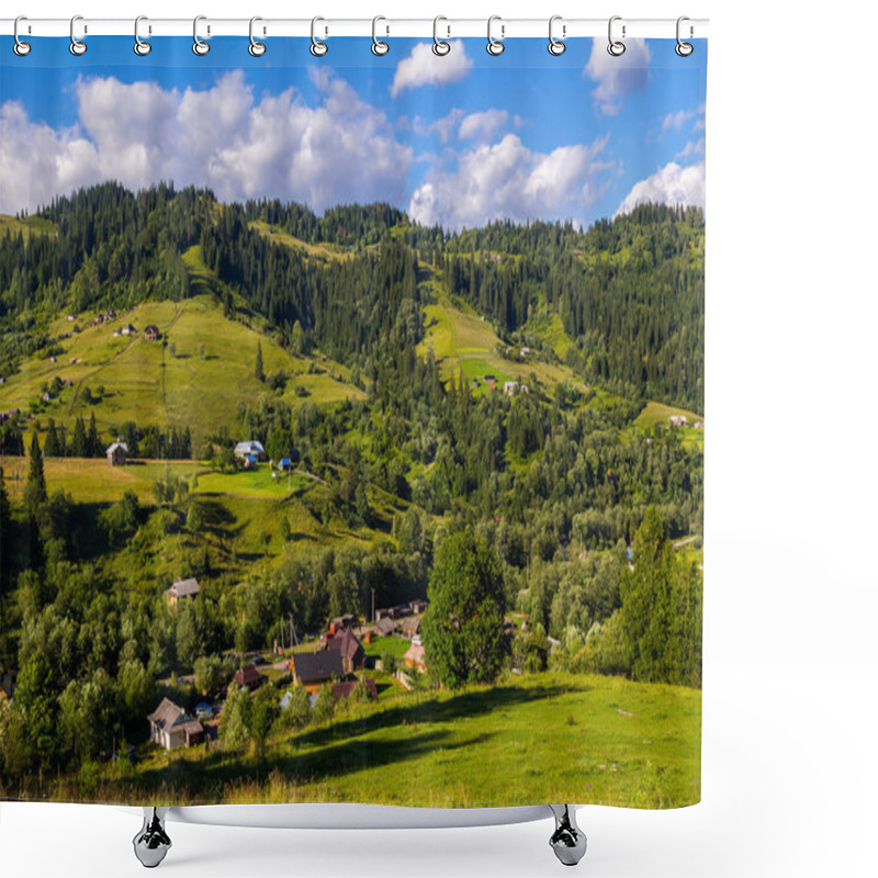 Personality  Rural Houses In Village Dzembronia At Carpathian Mountains, Nature Summer Landscape, Ukraine. Shower Curtains