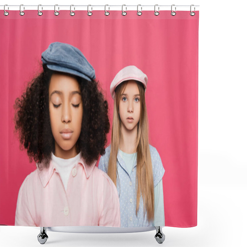 Personality  Fashionable Girl Looking At Camera Near African American Friend With Closed Eyes Isolated On Pink Shower Curtains