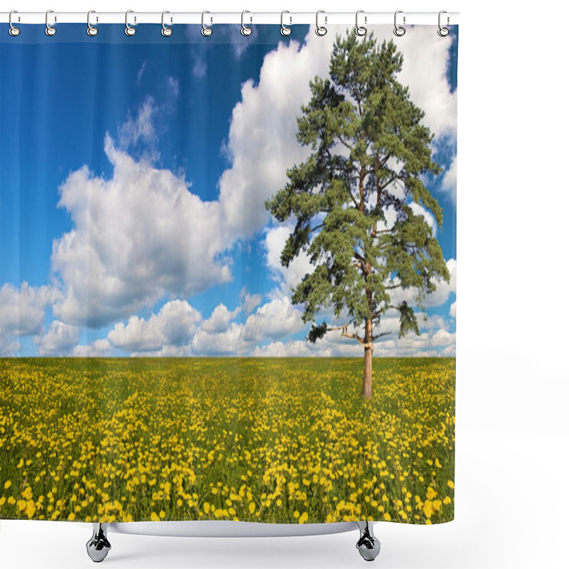 Personality  Yellow Dandelion Field And Pine Tree Shower Curtains