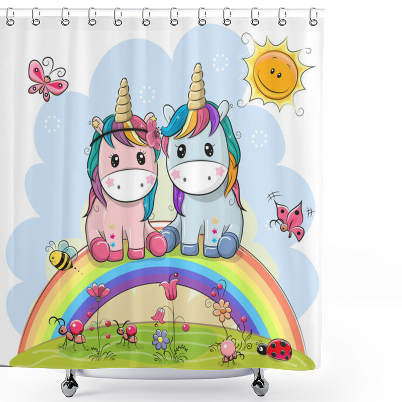 Personality  Two Cartoon Unicorns Are Sitting On The Rainbow Shower Curtains