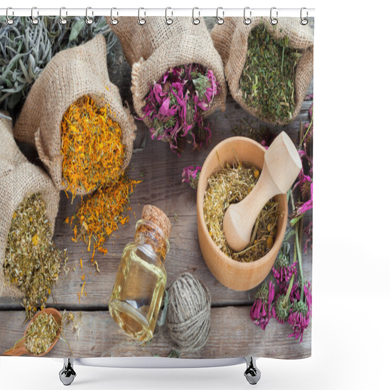 Personality  Healing Herbs In Hessian Bags, Wooden Mortar With Chamomile And  Shower Curtains