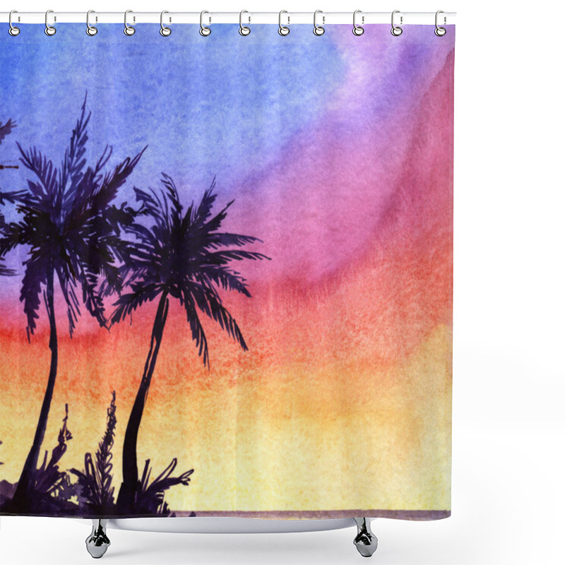 Personality  Marvelous Tropical Landscape Background. Dark Silhouette Of Seaside With Coconut Palm Trees Against Bright Gradient Sunset Sky Of Rainbow Colors. Watercolor Hand Drawn Illustration Paper Texture. Shower Curtains