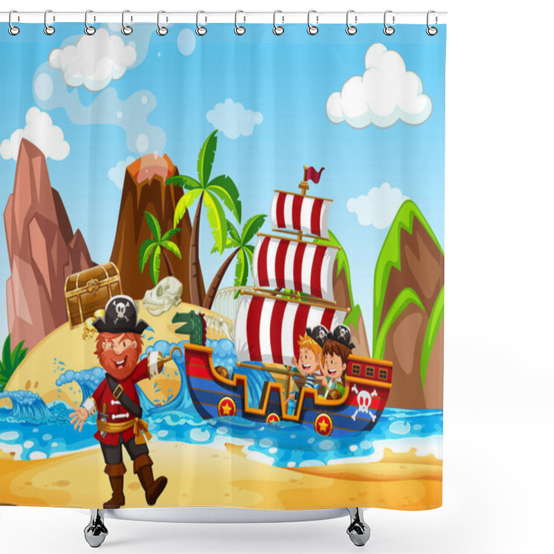 Personality  Scene With Pirate And Viking Ship At Sea Illustration Shower Curtains