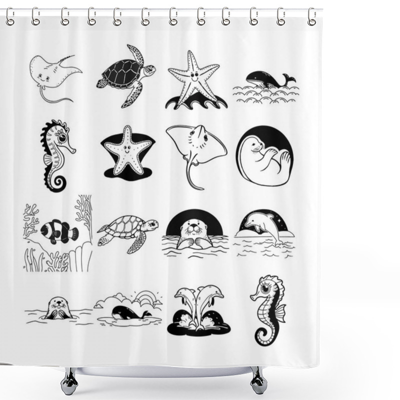 Personality  Vibrant Sea Animal Icon Set: Whales, Dolphins, Sharks, Turtles, And More In Minimal Design Shower Curtains