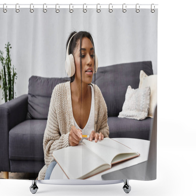 Personality  A Young Woman Is Focused On Her Studies At Home, Taking Notes While Wearing Headphones. Shower Curtains