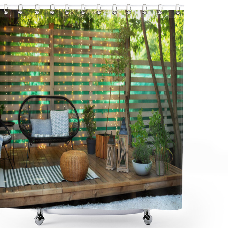 Personality  Cozy Space In Patio Or Balcony. Wooden Verande With Garden Furniture. Modern Lounge Outdoors In Backyard. Terrace House With Plants, Wooden Wall And Table, Comfortable Sofa, Armchair And Lanterns.  Shower Curtains