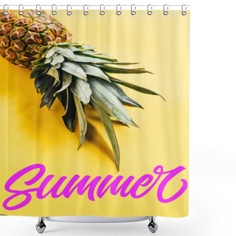 Personality  Fresh Ripe Pineapple With Green Leaves On Yellow Background With Summer Illustration Shower Curtains