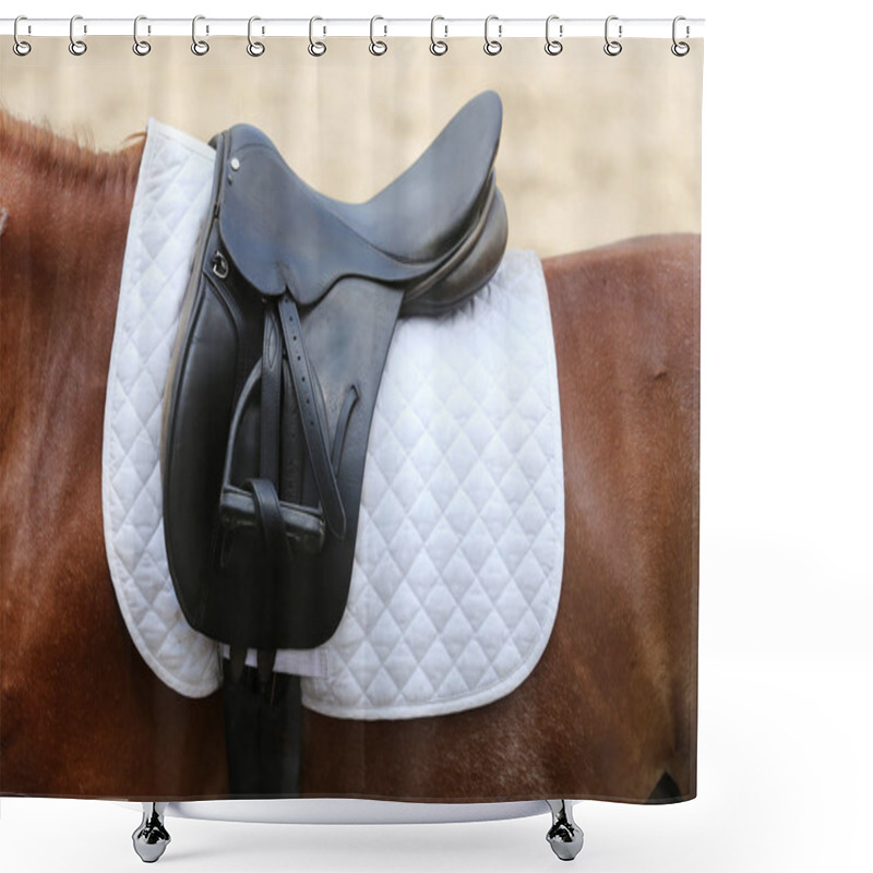 Personality  Closeup Of A Leather Saddle For Equestrian Sport On Horseback Shower Curtains