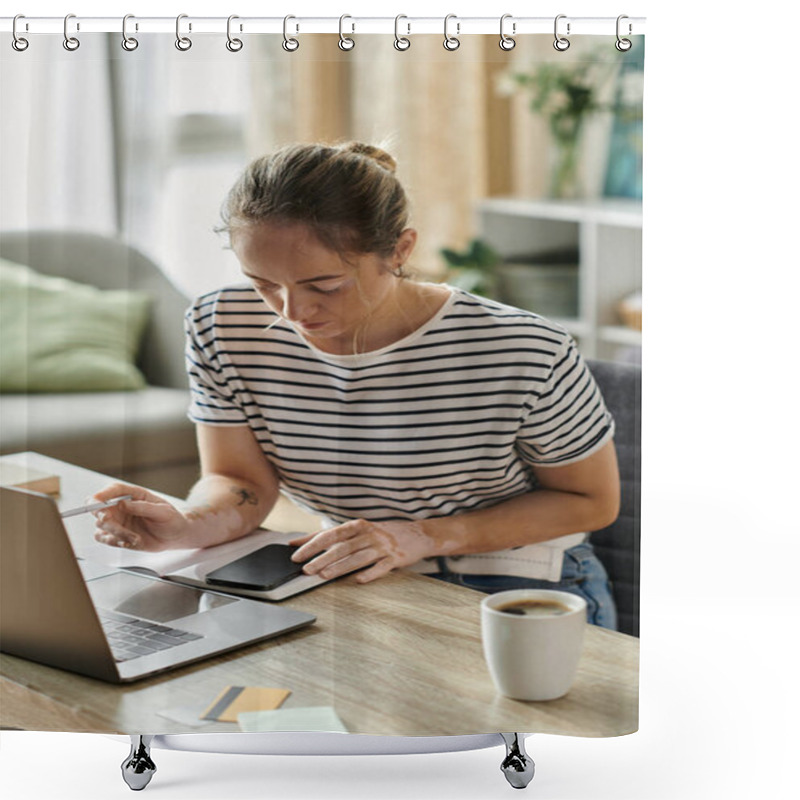 Personality  A Woman With Vitiligo Intently Working At Her Laptop In A Warm, Inviting Space. Shower Curtains