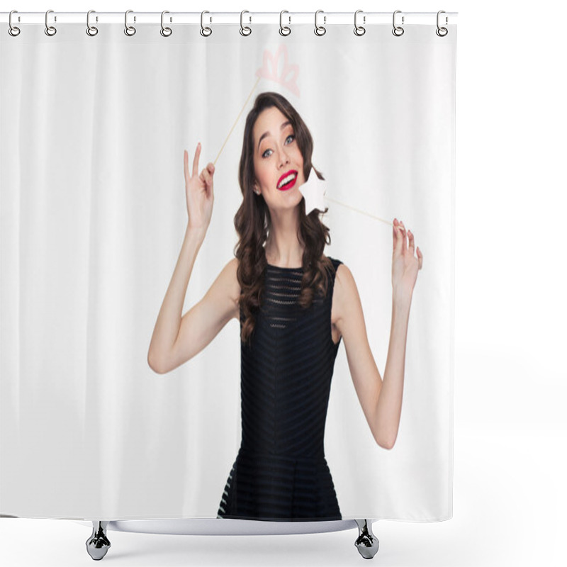 Personality  Attractive Happy Woman Using Fake Crown Props And Magic Stick  Shower Curtains