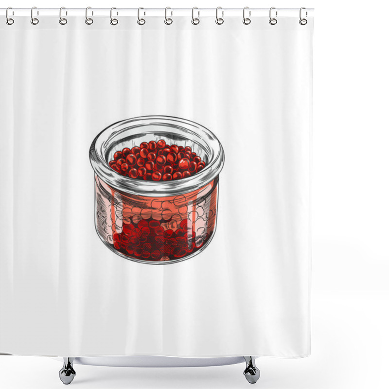 Personality  Vector Hand Drawn Illustration Of Glass Jar With Red Caviar. Seafood Delicacy. Engraved Style. Storage Container. Salmon Caviar. Isolated Minimal Illustration. Shower Curtains