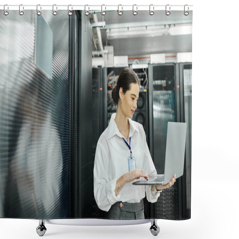 Personality  A Dedicated Woman In A White Shirt Works Diligently On A Laptop In A Sleek Server Room Environment. Shower Curtains