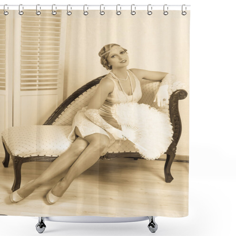 Personality  Flapper Dress Lady With Feather Fan Shower Curtains