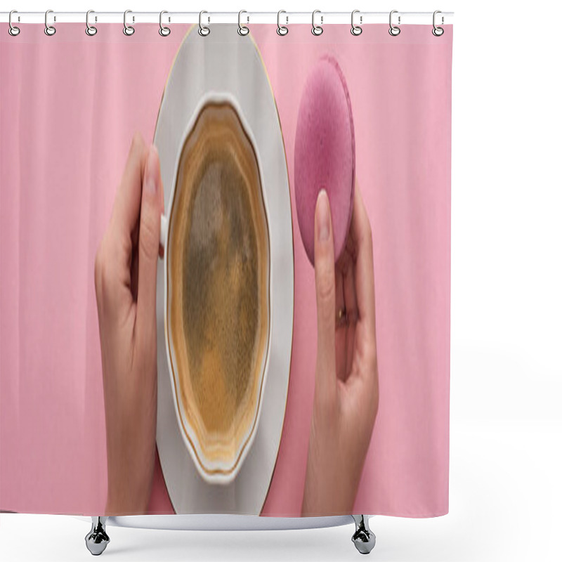 Personality  Cropped View Of Woman Drinking Coffee With Delicious French Macaroon On Pink Background, Panoramic Shot Shower Curtains