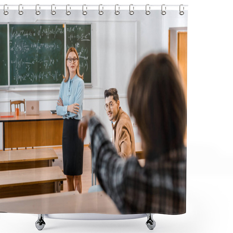 Personality  Selective Focus Of Female Teacher Explaining Lesson Material While Male Student Looking At Classmate Shower Curtains