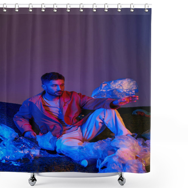 Personality  A Man Wearing A Pink Jacket Sits In A Studio, Surrounded By Plastic. Shower Curtains