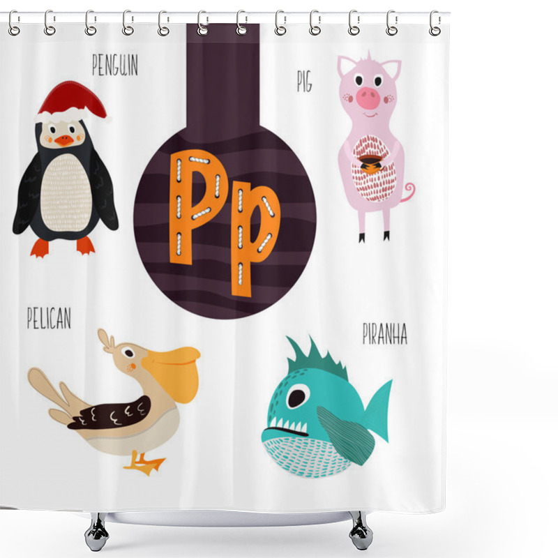 Personality  Fun Animal Letters Of The Alphabet For The Development And Learning Of Preschool Children. Set Of Cute Forest, Domestic And Marine Animals With The Letter P. Vector Illustration Shower Curtains