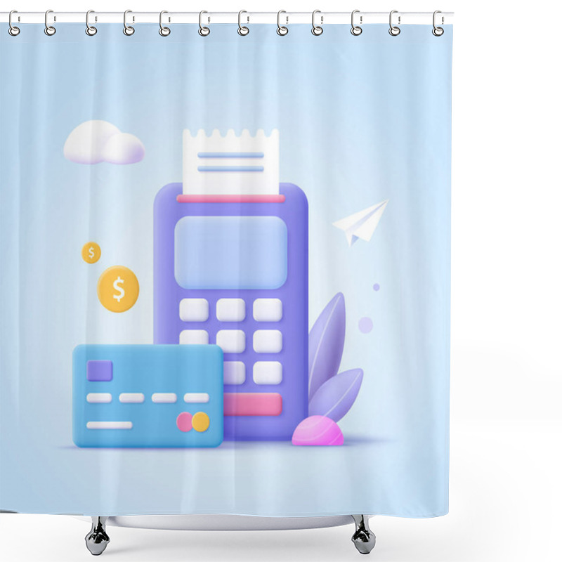 Personality  Concept Of Payment Processing. Financial Transactions, Bank Card, Terminal For Buying Process, Monetary Currencies. 3d Vector Illustration. Shower Curtains