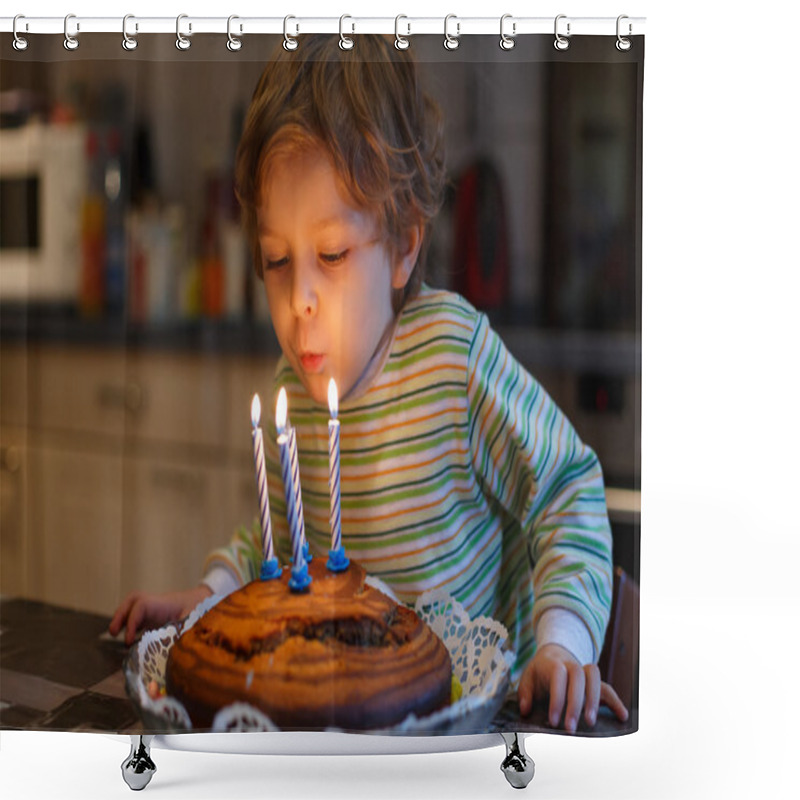 Personality  Adorable Four Year Old Boy Celebrating His Birthday And Blowing Shower Curtains