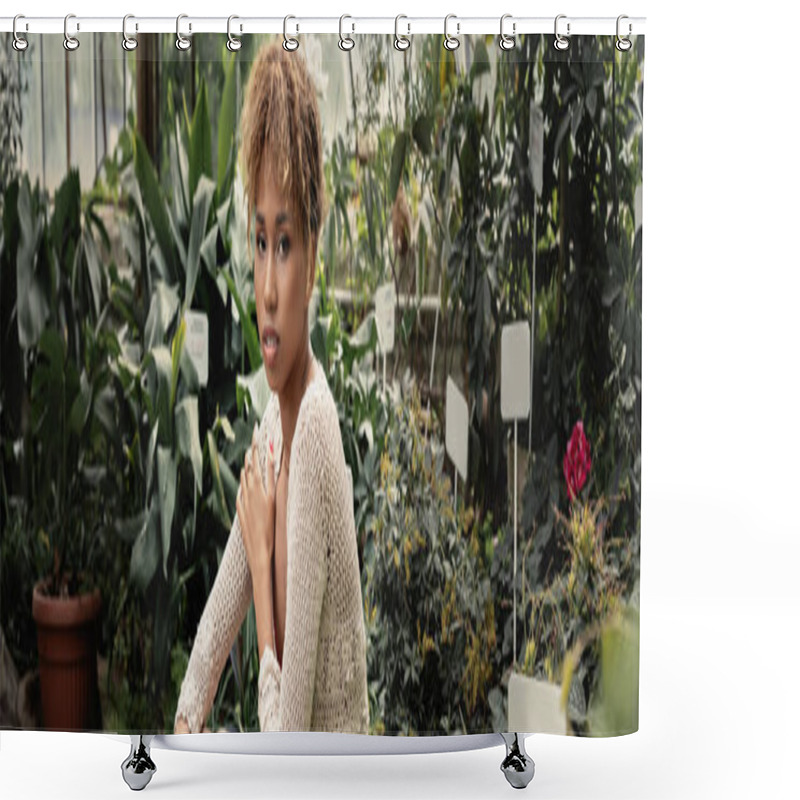 Personality  Trendy Young African American Woman In Knitted Top Looking At Camera While Relaxing Near Blurred Plants At Background In Orangery, Fashionable Woman Enjoying Summer Vibes, Banner  Shower Curtains