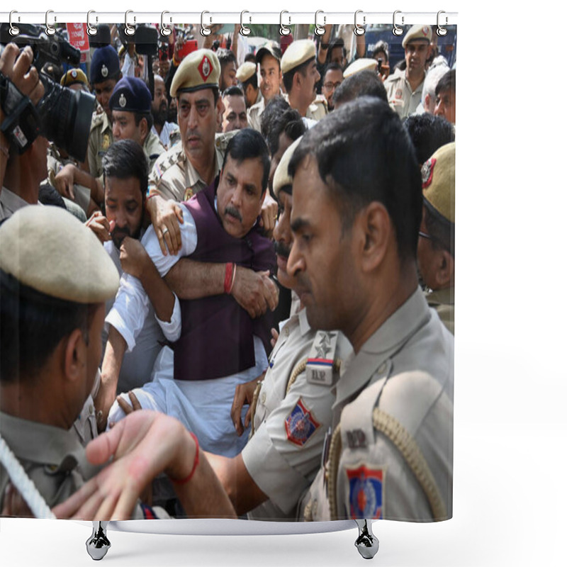 Personality  NEW DELHI INDIA APRIL 16 2023 AAP MP Sanjay Singh Being Detained By Police Personnel During A Sitting Protest Dharna Near CBI Office At Golf Link Road In Support Of Delhi CM Arvind Kejriwal On April 16 2023 In New Delhi India Delhi Chief Minister Arv Shower Curtains