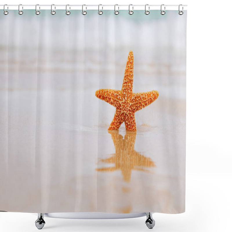 Personality  Starfish On Beach, Blue Sea And Reflection Shower Curtains