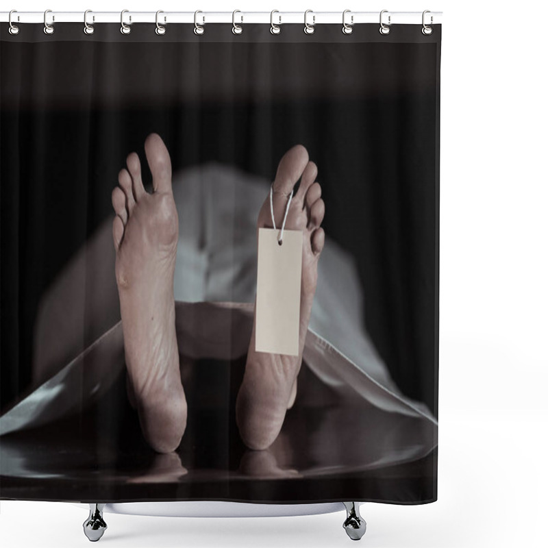 Personality  Close-up Of Dead Body Feet At Morgue Or Hospital With Toe Label Or Information Ring And Identification Blank Tag. Cadaver Lying On Steal Table Covered With Sheet On Autopsy Table. Death Concept. Shower Curtains