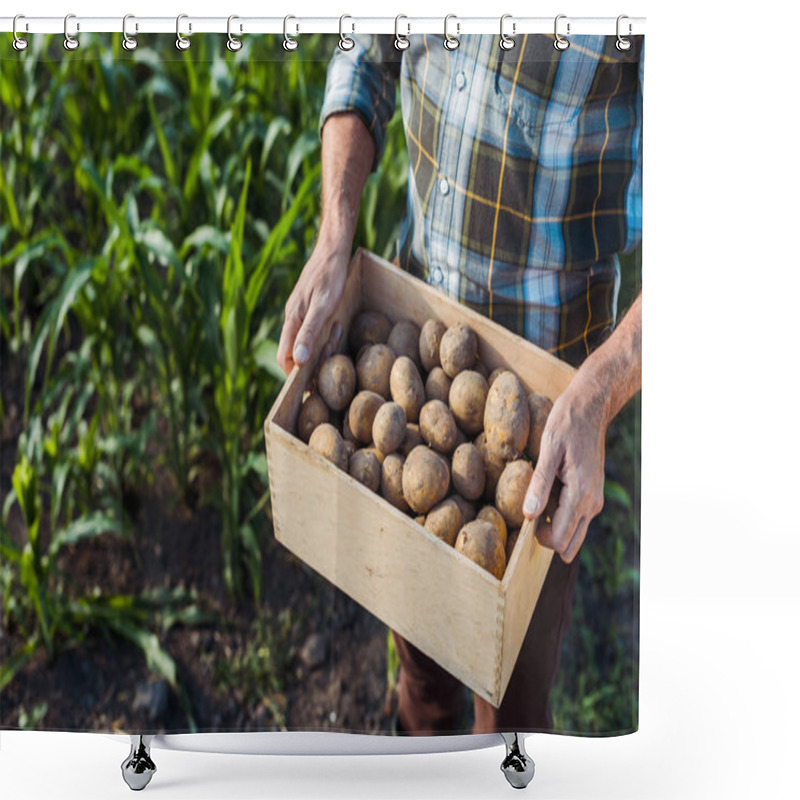 Personality  Cropped View Of Senior Self-employed Farmer Holding Wooden Box With Potatoes Near Corn Field Shower Curtains