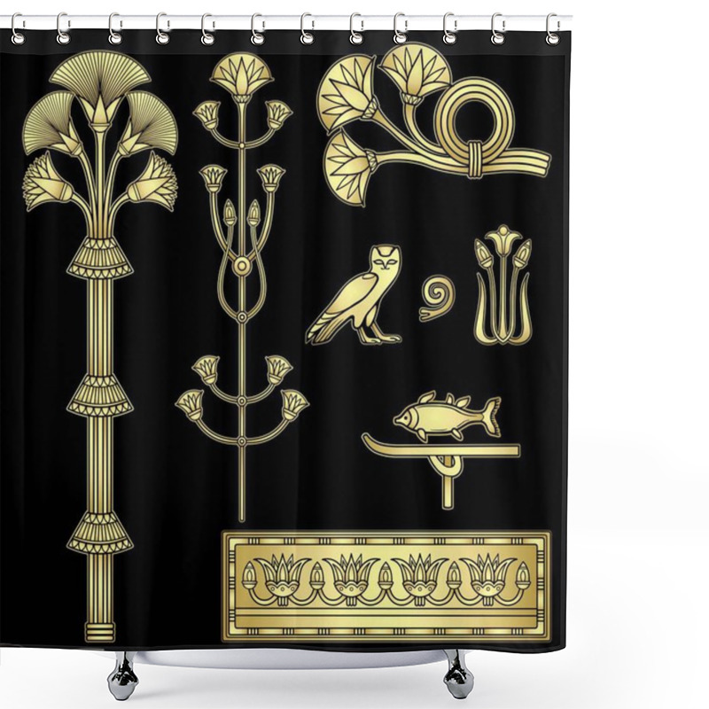 Personality  Cartoon Set Of Elements In Egyptian Style: Papyrus Plants, Animals, Hieroglyphs, Floral Pattern. Imitation Of Gold. Vector Illustration Isolated On A Black Background. Print, Poster, T-shirt, Tattoo Shower Curtains