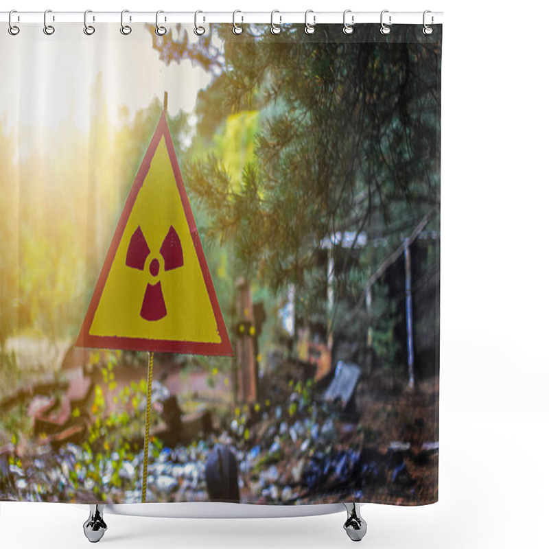 Personality  Sign Of A Radioactive Danger On An Old Dump Of Contaminated Waste After A Catastrophe Shower Curtains