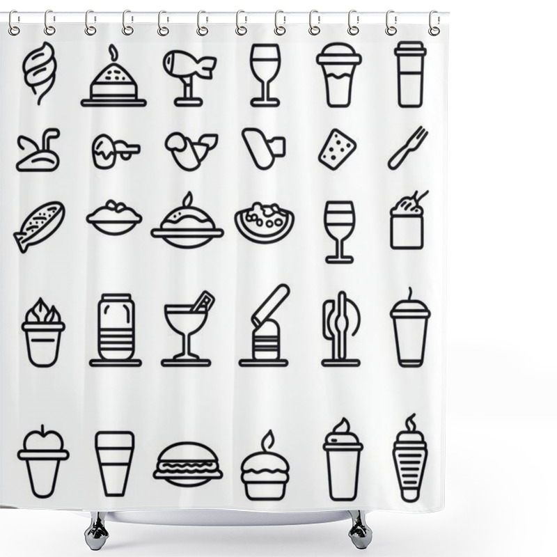 Personality  A Diverse Collection Of Food And Drink Icons, Featuring Desserts, Beverages, And Various Dishes In A Minimalistic Style. Shower Curtains