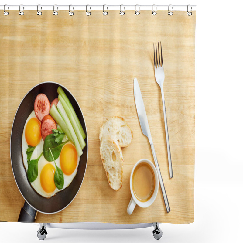 Personality  Top View Of Fried Eggs With Spinach Leaves, Cucumber And Sausage In Frying Pan Near Coffee, Bread And Coffee On Wooden Table Shower Curtains