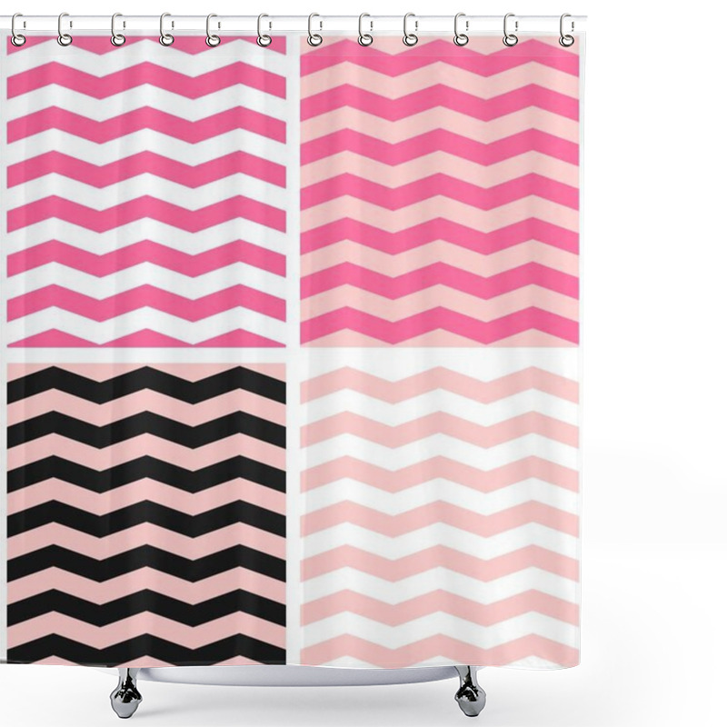 Personality  Tile Vector Pattern Set With Black, Pink And White Zig Zag Shower Curtains