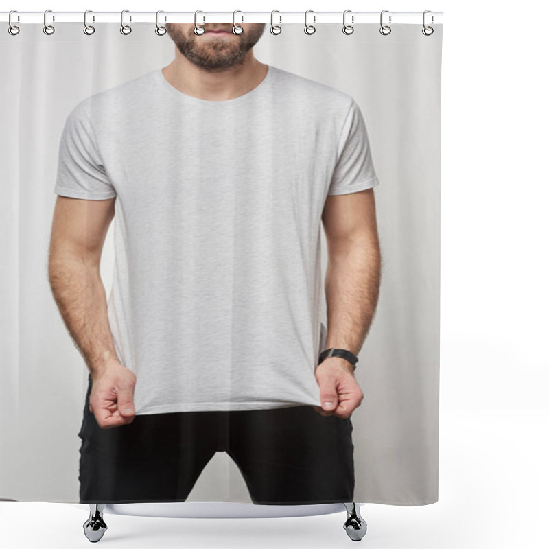 Personality  Partial View Of Bearded Man In White T-shirt With Copy Space Isolated On Grey Shower Curtains