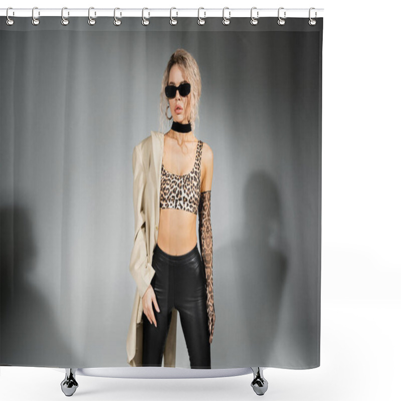 Personality  Stylish And Sexy Woman In Dark Sunglasses, Animal Print Crop Top, Long Glove And Black Latex Pants Posing With Beige Blazer On Shoulder On Grey Background, Modern Fashion And Style Shower Curtains