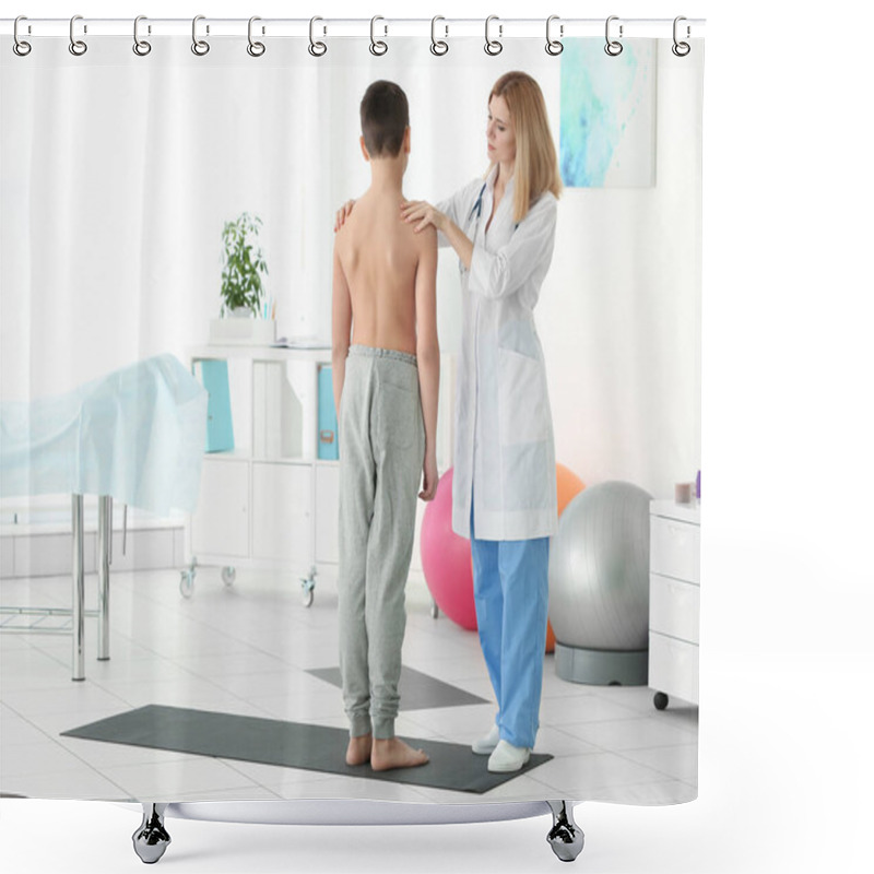 Personality  Incorrect Posture Concept. Physiotherapist Examining And Correcting Boy's Back Shower Curtains