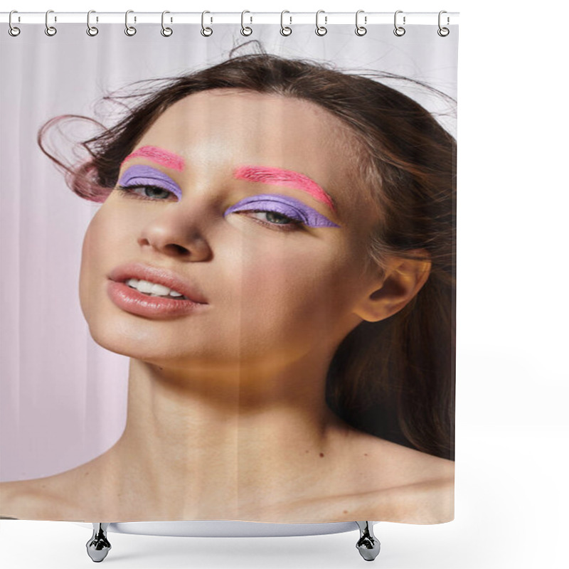 Personality  Beauty And Creativity Blend As A Young Woman Showcases Her Striking Makeup Against A Grey Backdrop. Shower Curtains