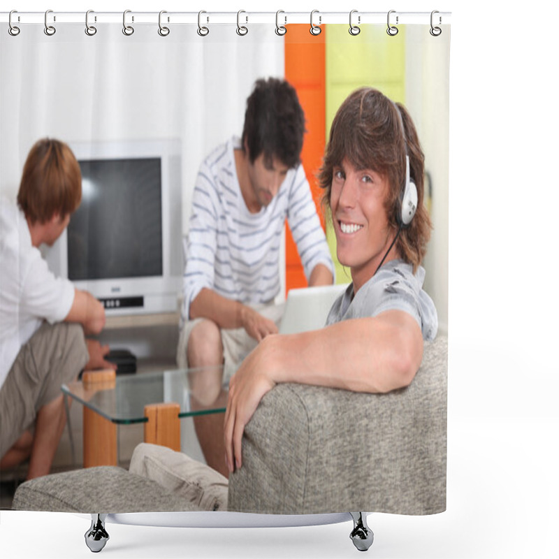 Personality  Three Lads Relaxing At Home Shower Curtains