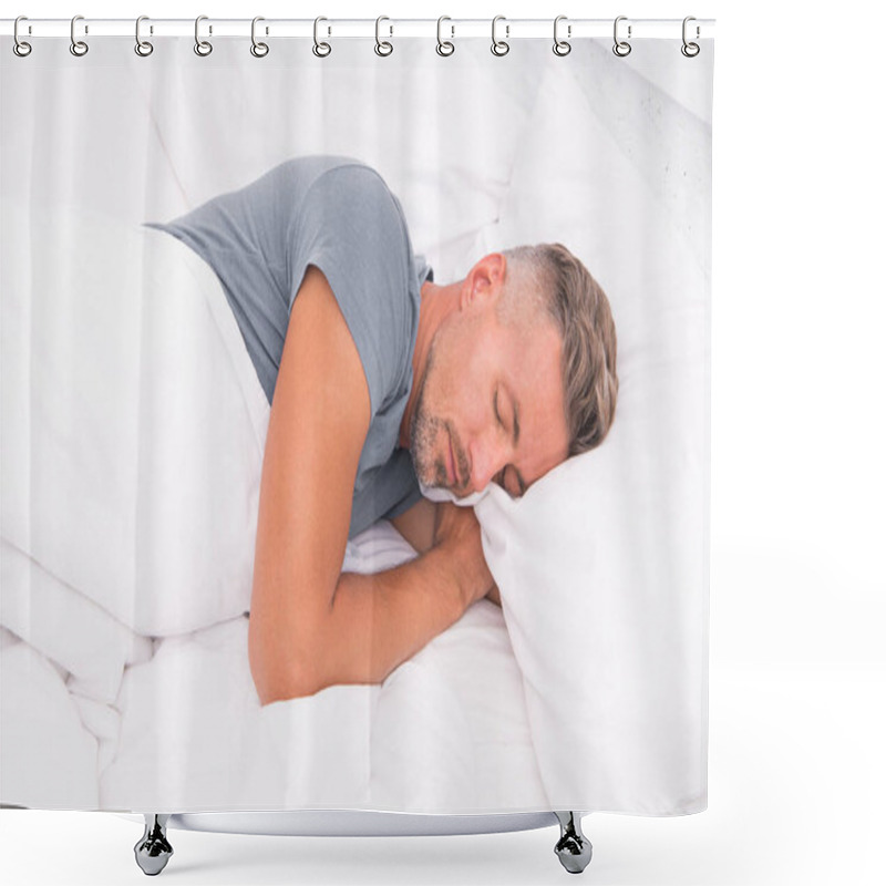 Personality  Relaxed Man. Promote Prevention And Management Of Sleep Disorders. World Sleep Day. Benefits Of Good And Healthy Sleep. Breathe Easily, Sleep Well. Handsome Man In Bed. Sleeping Guy At Home Shower Curtains