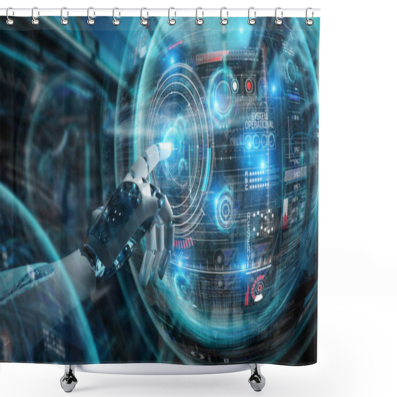 Personality  Intelligent Robot Machine Using Digital Screens Interface With His Hands 3D Rendering Shower Curtains