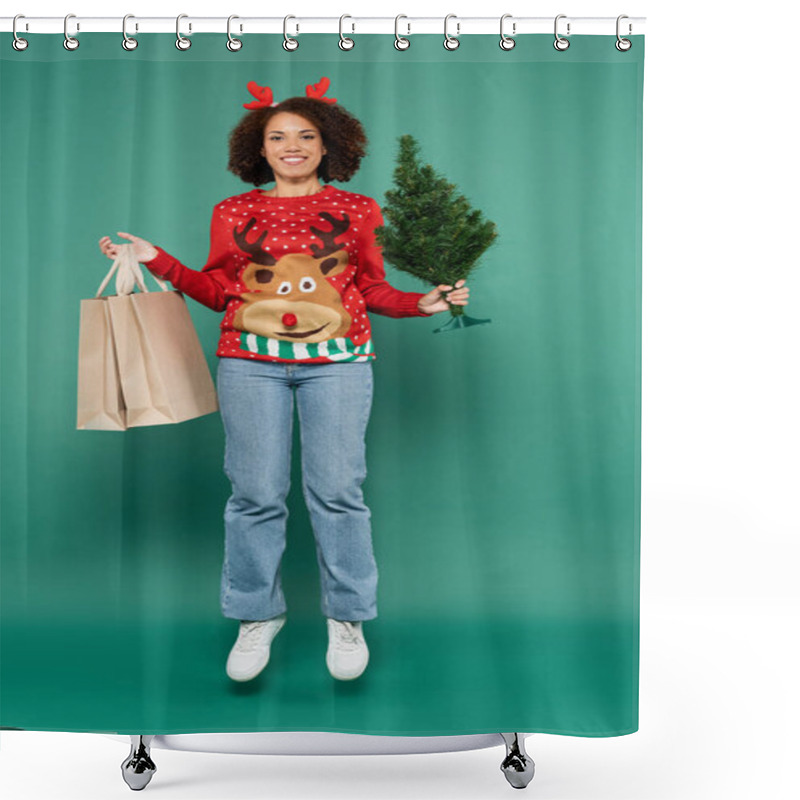 Personality  African American Woman In Festive Outfit Levitating With Shopping Bags And Small Christmas Tree On Green Background Shower Curtains