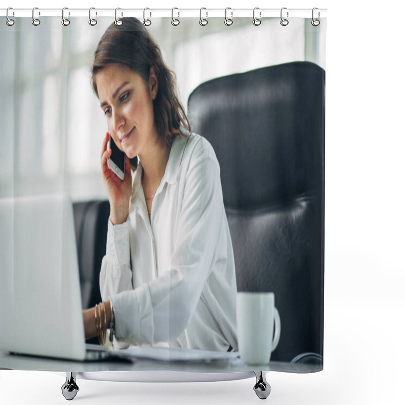 Personality  Young Woman Working In Office Shower Curtains