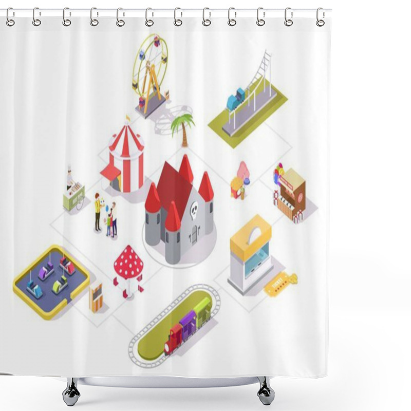 Personality  Amusement Park Attractions Vector Flat Isometric Flowchart Shower Curtains