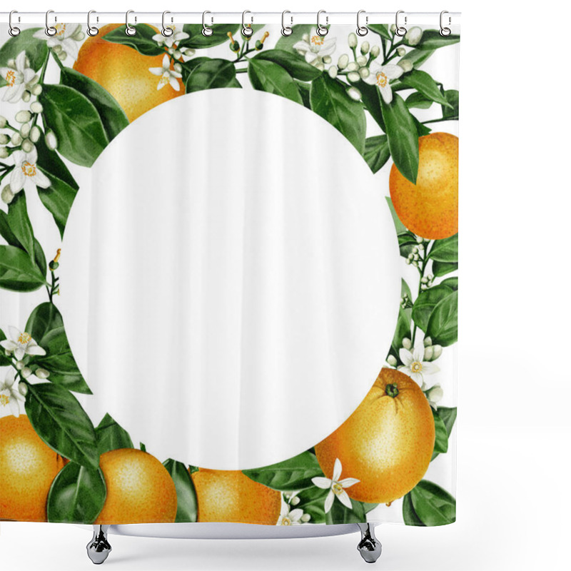 Personality  Frame Of Oranges. Juicy And Orange Fruits With Orange Blossom Leaves And Flowers. Small White Flowers. Watercolor Illustration. No Background.  Shower Curtains