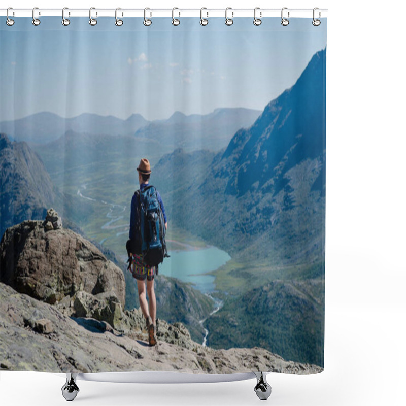 Personality  Man Hiking On Besseggen Ridge Over Gjende Lake In Jotunheimen National Park, Norway  Shower Curtains