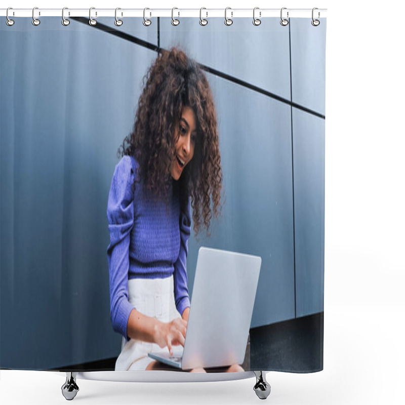 Personality  Excited Young Freelancer Typing On Laptop Outside  Shower Curtains