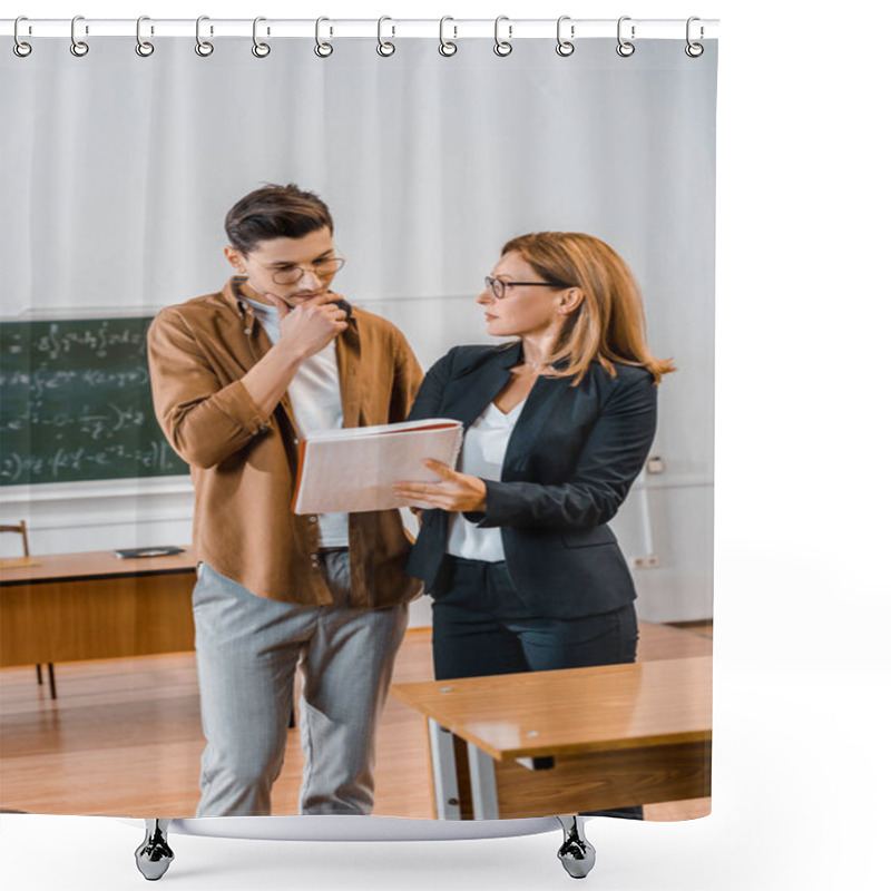 Personality  Female Teacher Helping Pensive Male Student With Assignment During Lesson In Classroom Shower Curtains