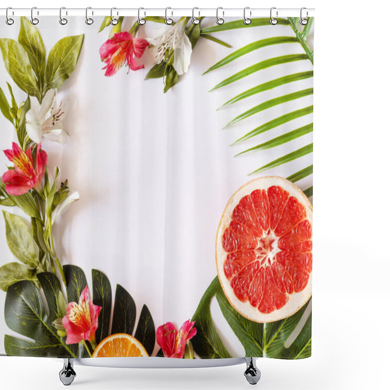 Personality  Summer Tropical Theme Background Or Template With A Space For A Text, Various Fruits, Green Leaves And Flowers Shower Curtains