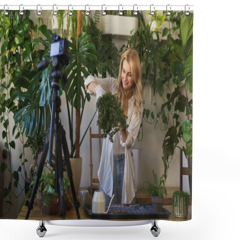 Personality  Talented Florist And Influencer Filming Her Plant Care Tips And Tricks In A Sunlit Room Surrounded By Lush Greenery, Donning A Smile Shower Curtains